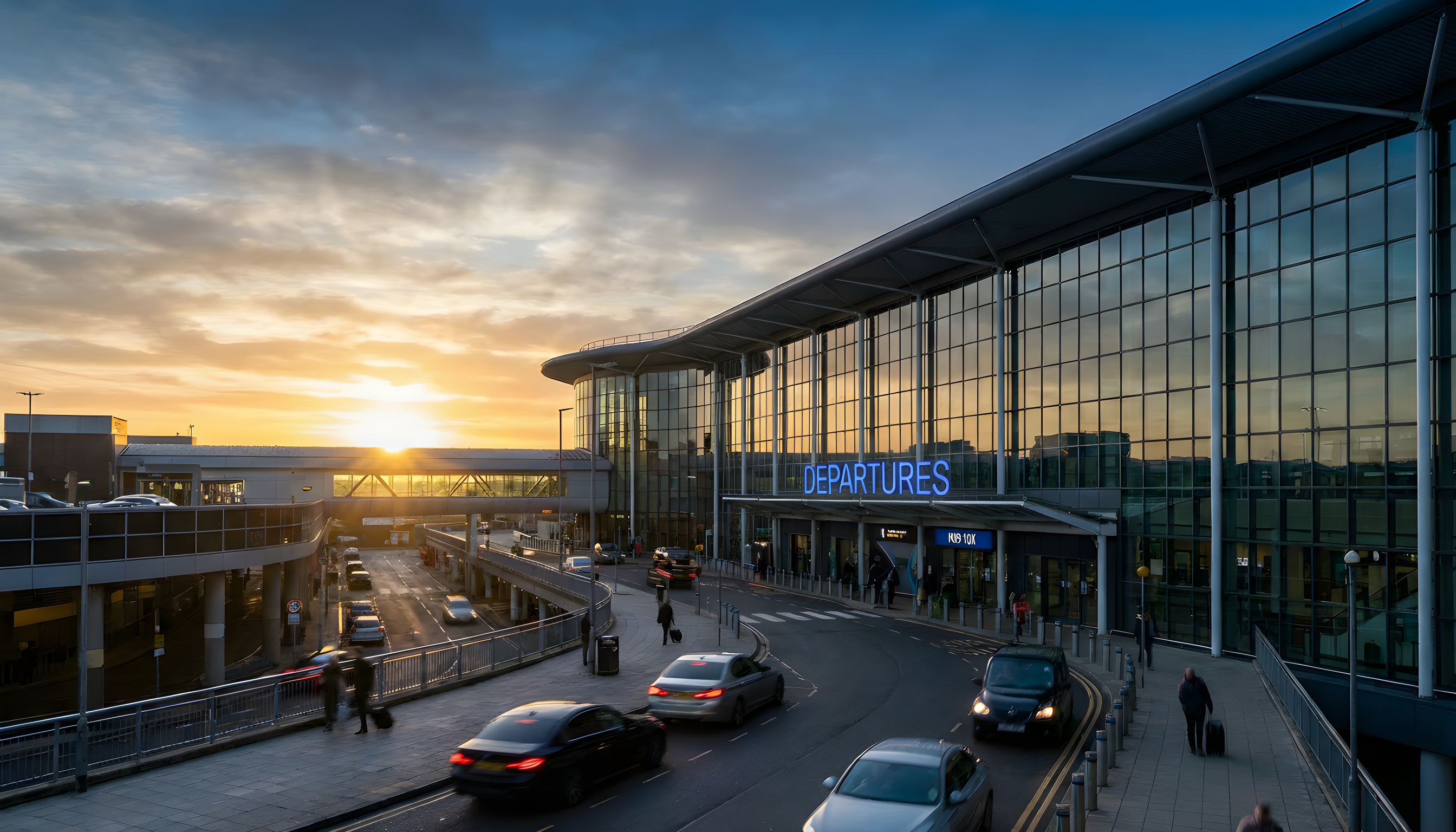 Manchester Airport at sunset.